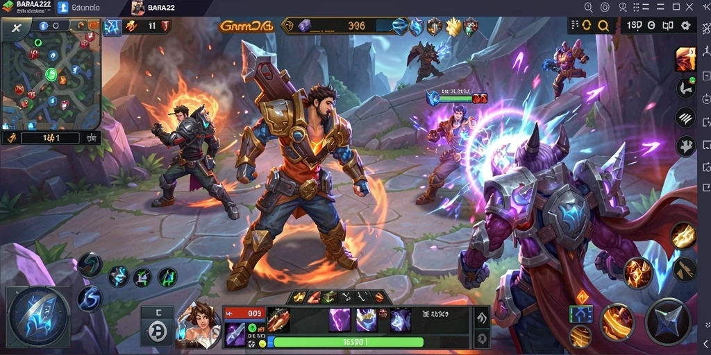 Screenshot BARA22 menampilkan aksi pertempuran MOBA yang seru dan dinamis.