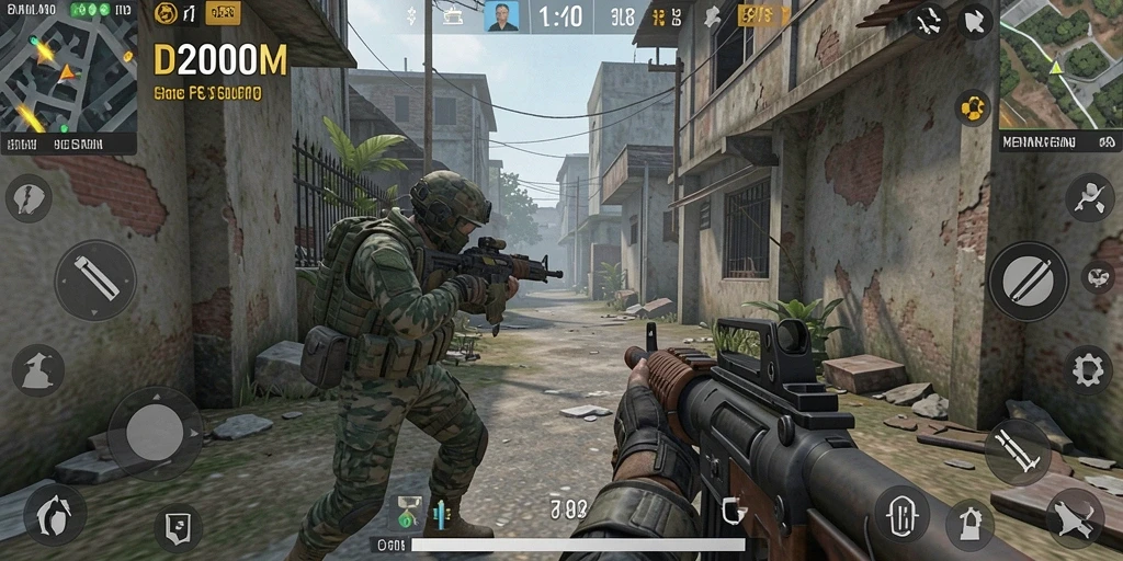 Screenshot D200M menampilkan aksi gameplay FPS yang intens.