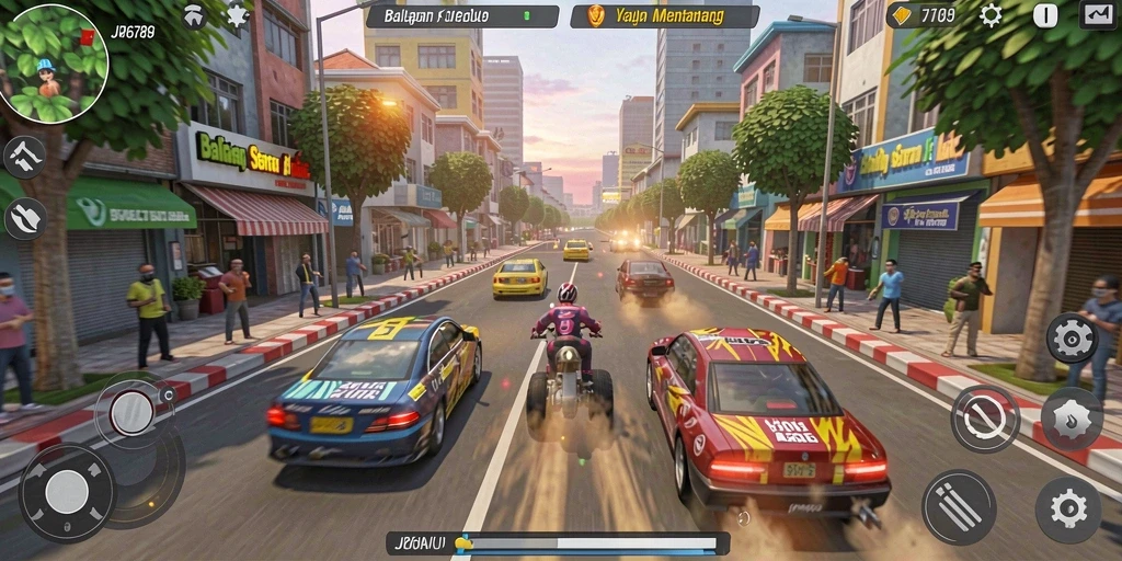 Tangkapan layar gameplay JP6789 menampilkan balapan mendebarkan di tengah kota.