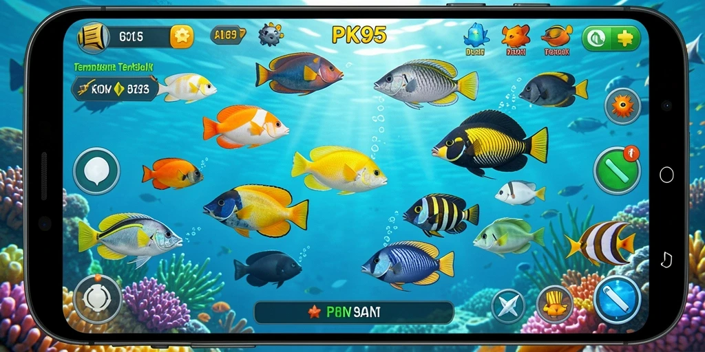 Screenshot gameplay PK95 dengan aksi menembak ikan yang seru.