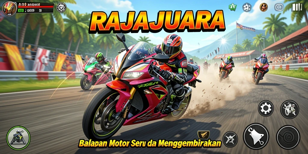 Screenshot RAJAJUARA menampilkan kecepatan tinggi dalam balapan motor.