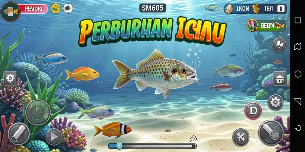 Screenshot utama SM605 menampilkan aksi menembak ikan yang seru.