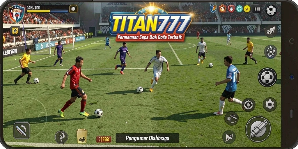Screenshot gameplay TITAN777 menampilkan aksi pertandingan sepak bola yang intens.