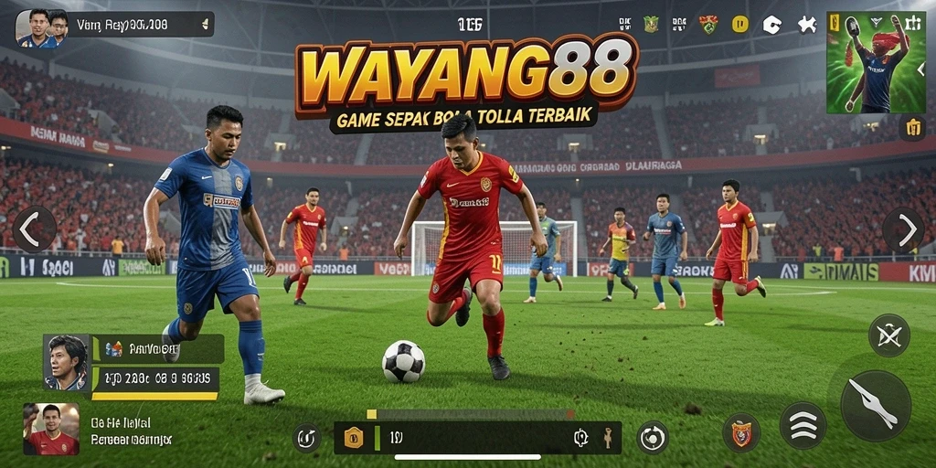 Screenshot yang menampilkan aksi seru dalam game sepak bola.