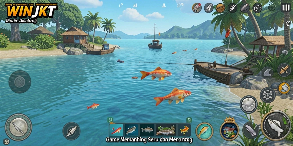 Tampilan gameplay WINJKT yang menampilkan momen menangkap ikan besar.